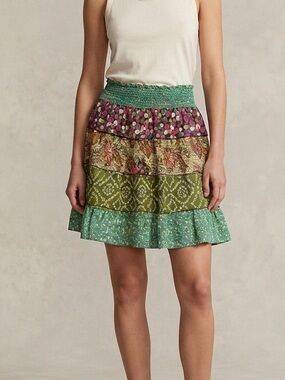 Y2K Fire Los Angeles Green Multi-Print Patchwork Tiered Mini Skirt Size Medium